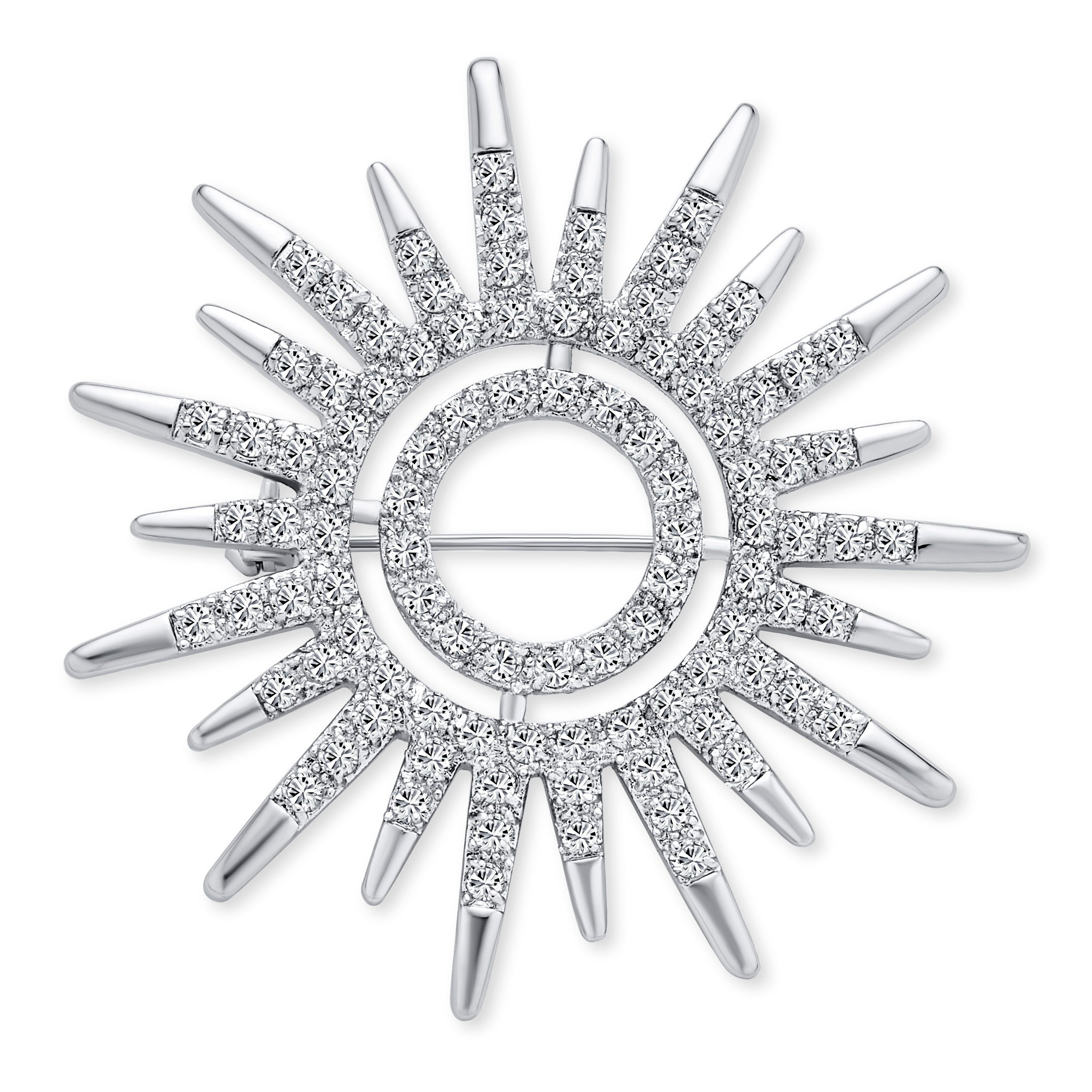 sunshine-micro-pave-pin-brooch_my-bc60236-az-1 Summer Flaming Sunshine Micro Pave CZ Starburst Brooche Pin Silver Plated - Image 1