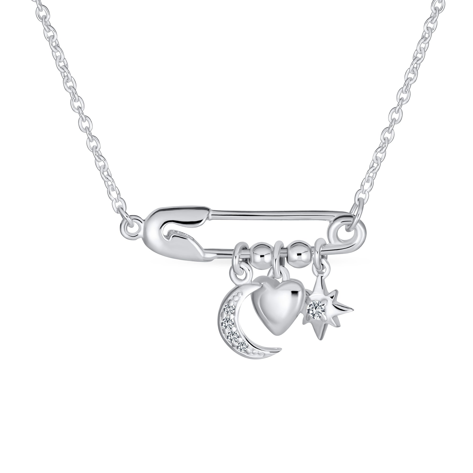 symbol-moon-heart-star-safety-pin-srn-s964802n_01 Support Symbol CZ Accent Moon Heart Star Charms Pendant Necklace Sterling Silver - Image 1