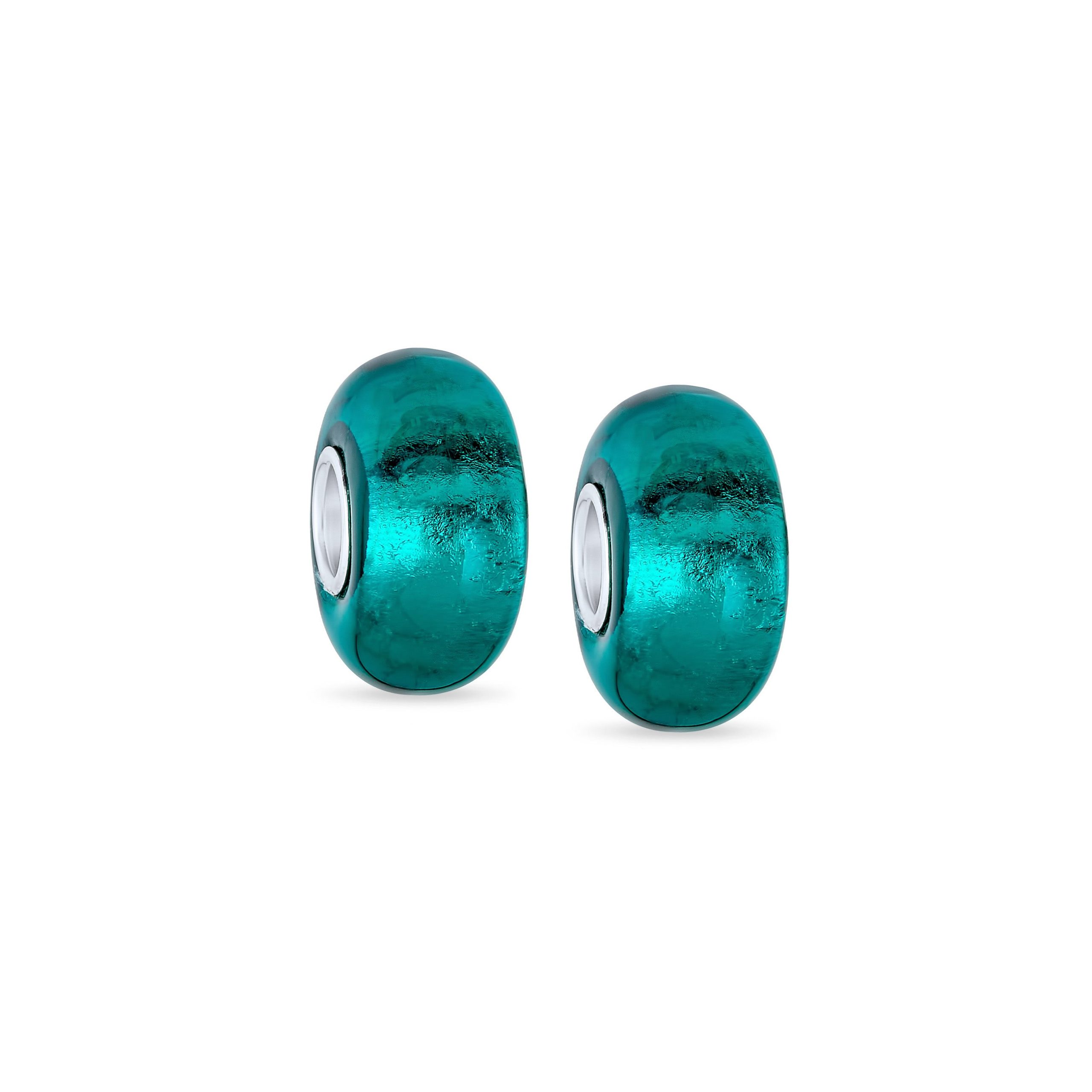 teal-murano-glass-charm-pbx-hgs-120-bluset-az Set of 2 Translucent Solid Teal Blue Green Glass Charm Bead Sterling Silver Core - Image 1