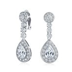 Art Deco Style Cubic Zirconia CZ Statement Teardrop Chandelier Clip On Dangle Earrings