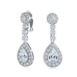 Art Deco Style Cubic Zirconia CZ Statement Teardrop Chandelier Clip On Dangle Earrings