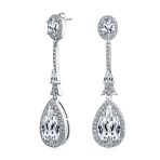 Art Deco Style Dangle Halo Blue Sapphire CZ Cubic Zirconia Teardrop Statement Chandelier Earrings