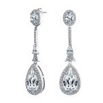 Art Deco Style Dangle Halo Blue Sapphire CZ Cubic Zirconia Teardrop Statement Chandelier Earrings