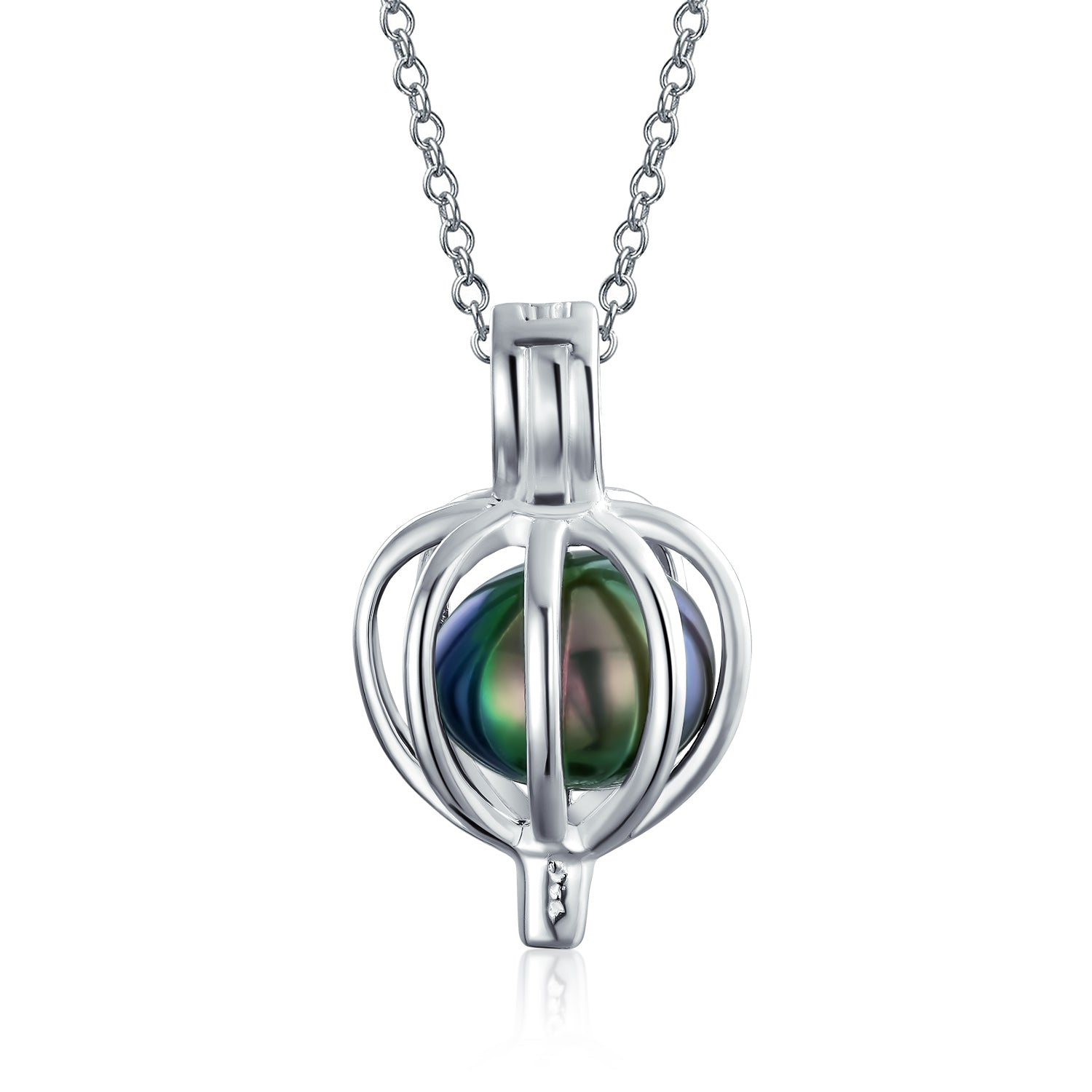 teardrop-pearl-caged-pendant-necklace_yp-f1995-bp-az_1 Bridal Necklace Teardrop Black Freshwater Pearl Bird Caged Pendant in Silver - Image 1