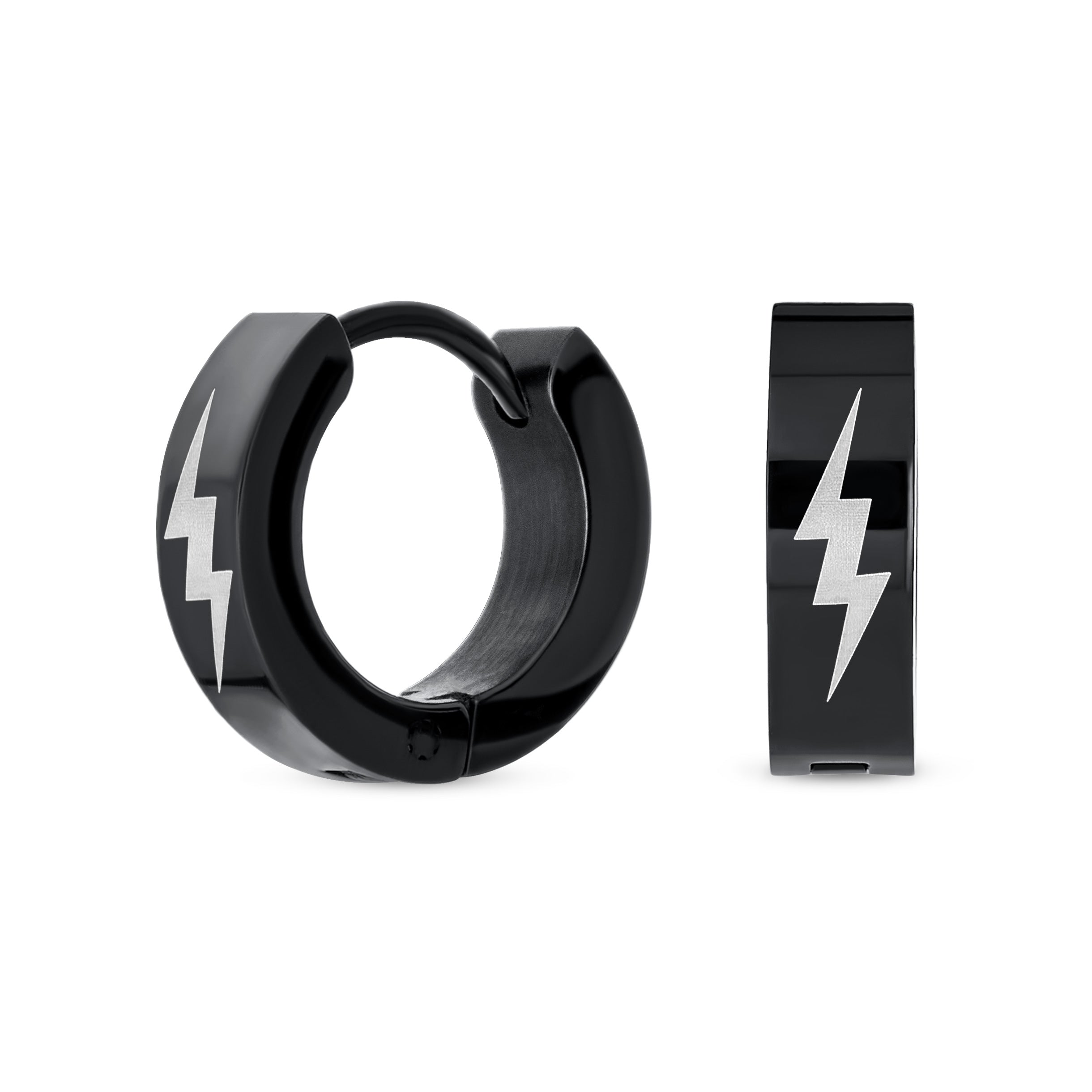 thunder-light-bolt-silver-gold-black-huggie-hoop-earring-swk-hye-1158 Mens Earrings Black Thunder Bolt Hoop Huggie Stainless Steel Biker Jewelry - Image 1
