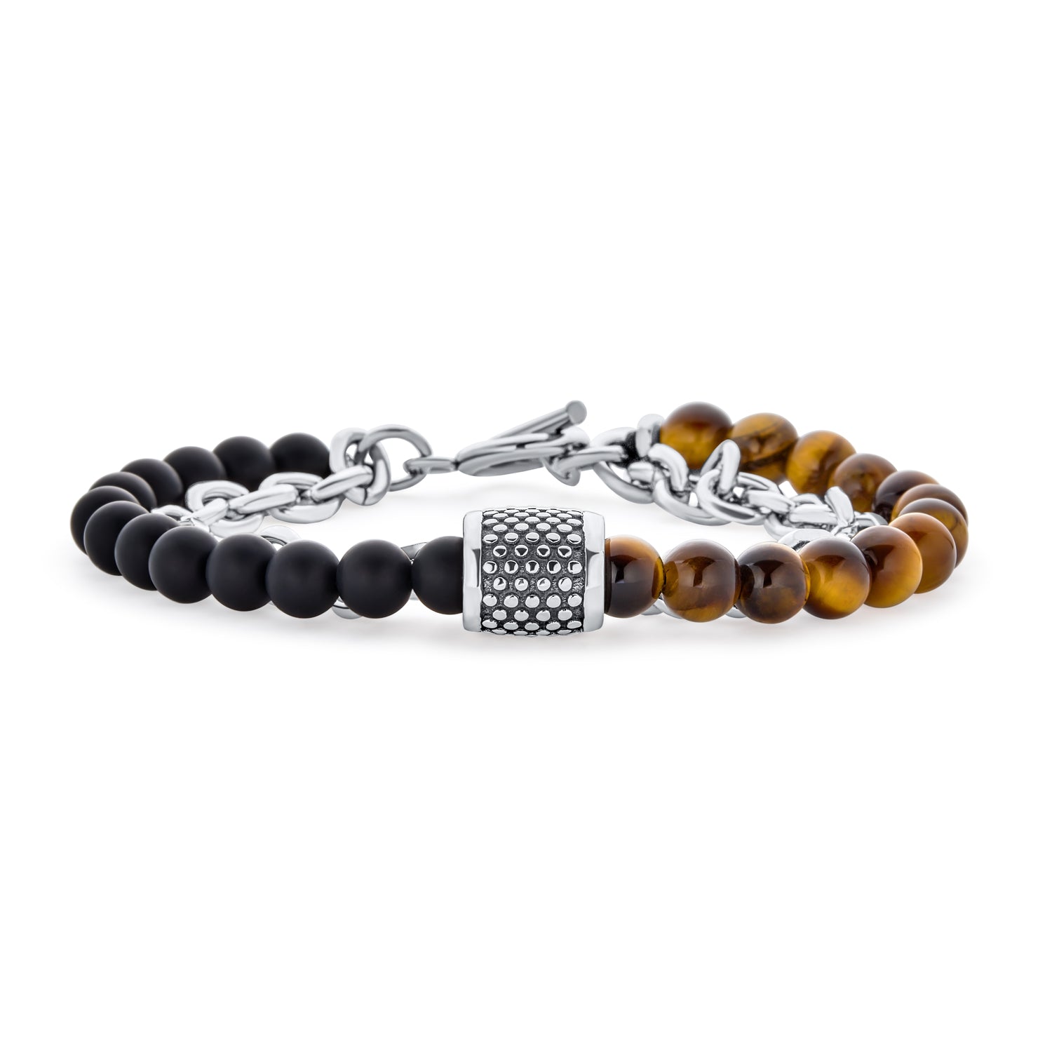 tiger-eye-silver-bead-gemstone-bracelet-black-cb-89131 Mixed Two Tone Stretch Bracelet with Gemstone Beads & Silver Toggle Clasp - Image 1