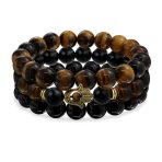 Set of 3 Hamsa Hand Natural Tiger Eye and Onyx Bead Stretch Bracelet Gold Plated