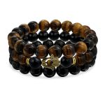 Set of 3 Hamsa Hand Natural Tiger Eye and Onyx Bead Stretch Bracelet Gold Plated