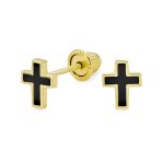 Tiny Religious Mini Cross Stud Earrings Two-tone Black Enamel 14K Gold Screwback