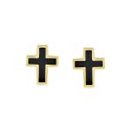 Tiny Religious Mini Cross Stud Earrings Two-tone Black Enamel 14K Gold Screwback - Image 2