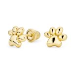 14K Gold Pet Paw Print Stud Earrings Safety Screwback