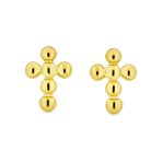 14K Yellow Gold Religious Cross Stud Earrings Mini Balls - Image 2