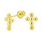 14K Yellow Gold Religious Cross Stud Earrings Mini Balls