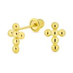 14K Yellow Gold Religious Cross Stud Earrings Mini Balls