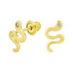 Minimalist CZ Stud Earrings: Tiny Snake Design in 14K Yellow Gold