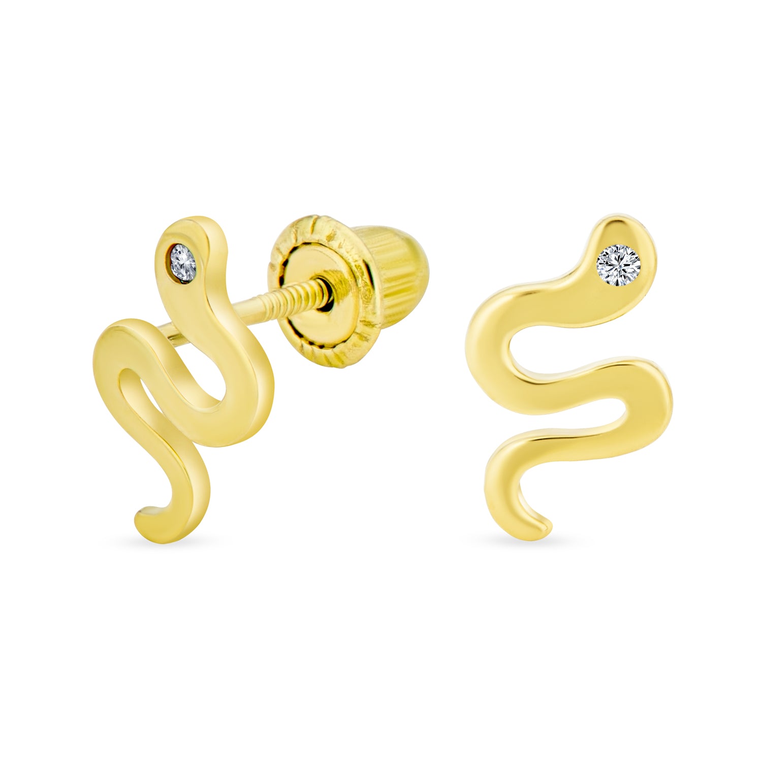 tiny-gold-cz-snake-studs-gio-mxe0295_2 Minimalist CZ Stud Earrings: Tiny Snake Design in 14K Yellow Gold - Image 1