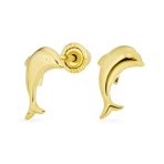 Tiny Nautical Tropical Ocean Marine Life 14K Yellow Gold Dolphin Stud Earrings Safety Screw-back