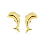 Tiny Nautical Tropical Ocean Marine Life 14K Yellow Gold Dolphin Stud Earrings Safety Screw-back - Image 2