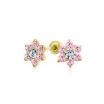 Tiny CZ Cubic Zirconia Flower Stud Earrings Real 14K Gold Screw back - Image 3