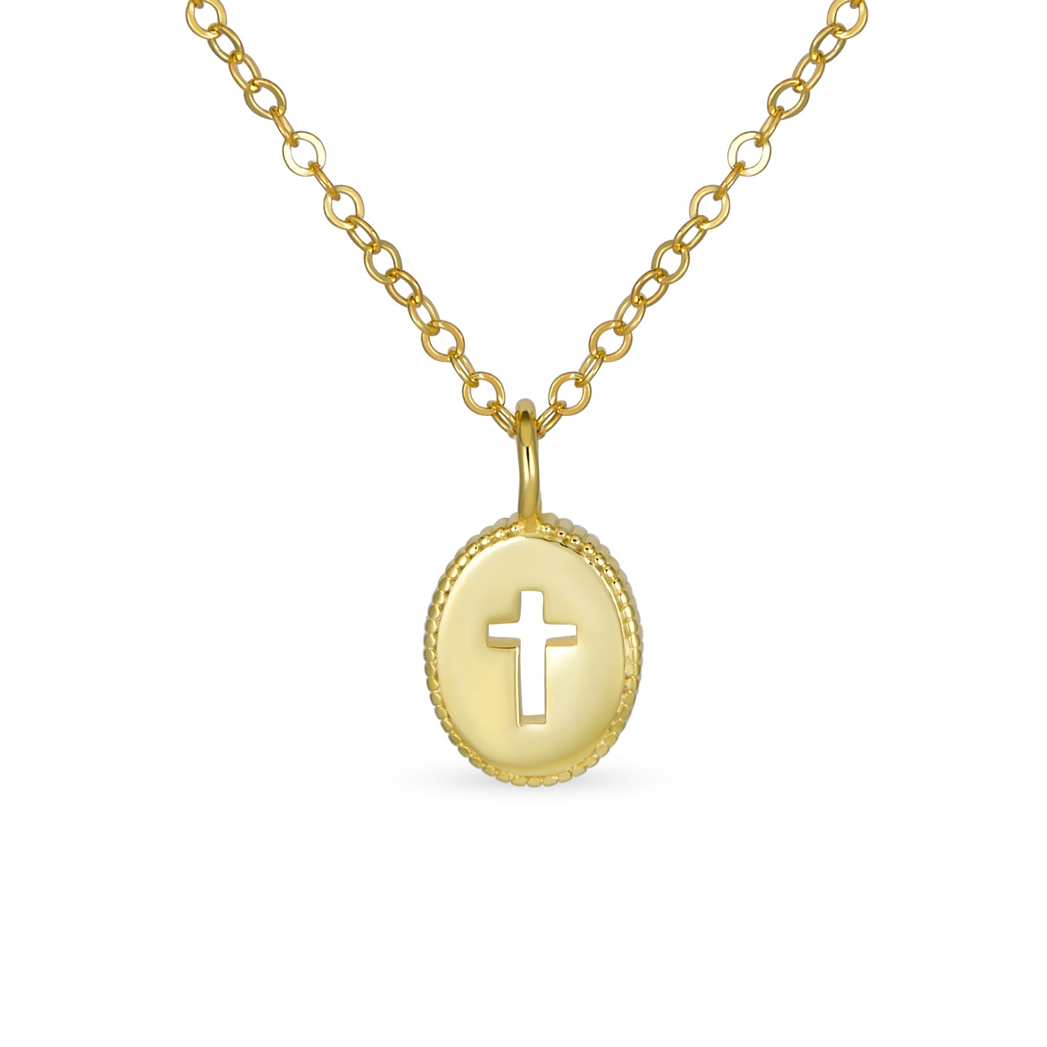 tiny-religious-medallion-oval-cross-pfs-15-1780-01 Tiny Petite Religious Cross Pendant Necklace 14K Gold Plated Silver Chain - Image 1