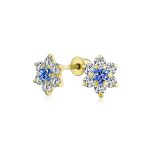Tiny Royal Sapphire Blue Cubic Zirconia CZ Flower Stud Earrings 14K Gold Screw-back