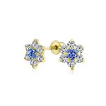 Tiny Royal Sapphire Blue Cubic Zirconia CZ Flower Stud Earrings 14K Gold Screw-back