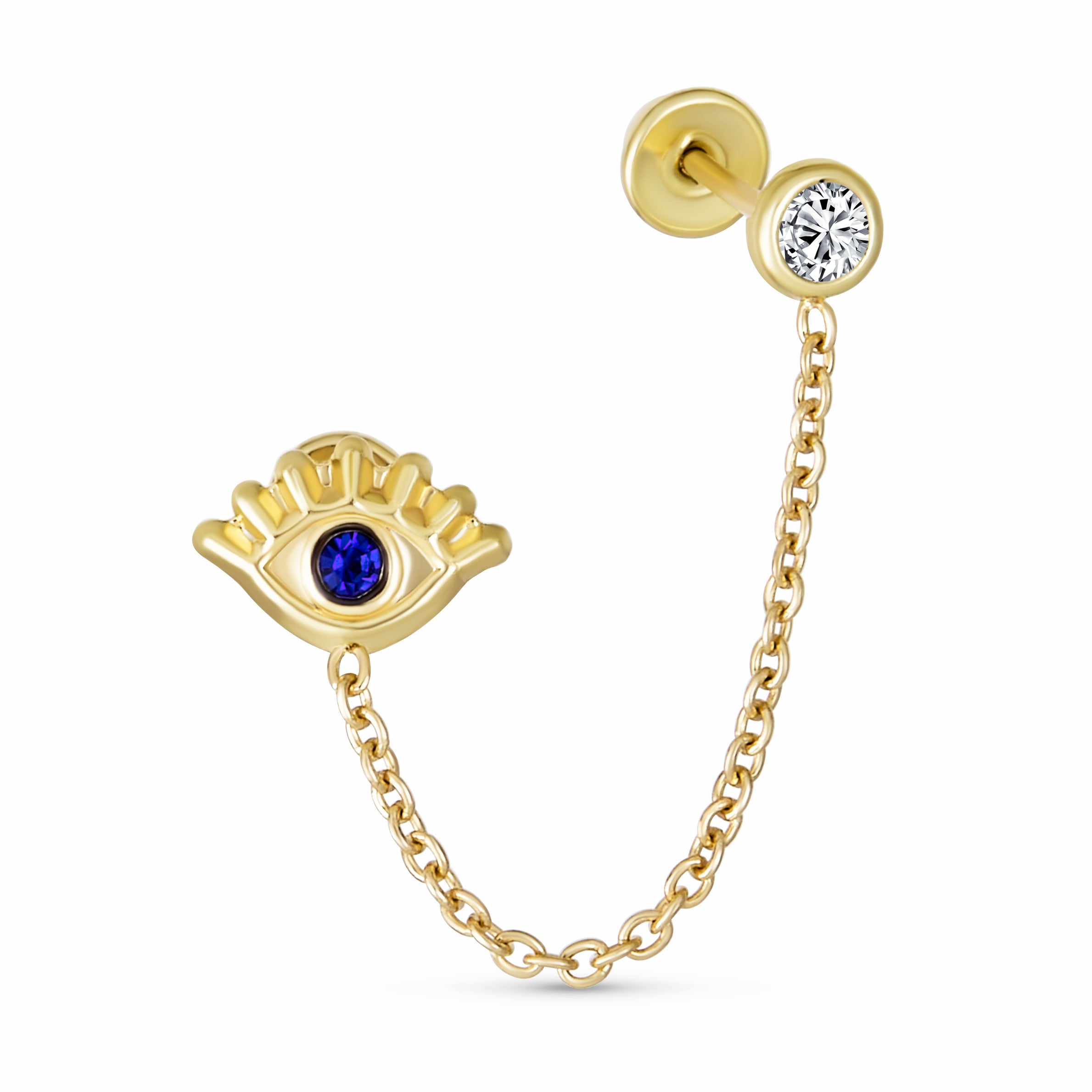 tiny_double_piercing_evil_eye_bro-10k173-o-az Blue CZ Evil Eye Protection 10K Gold Ear Cuff Cartilage - Image 1