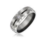 Black Inlay Titanium Wedding Band Ring with CZ Accent Silver
