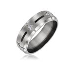 Black Inlay Titanium Wedding Band Ring with CZ Accent Silver