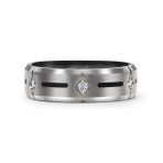 Black Inlay Titanium Wedding Band Ring with CZ Accent Silver - Image 2