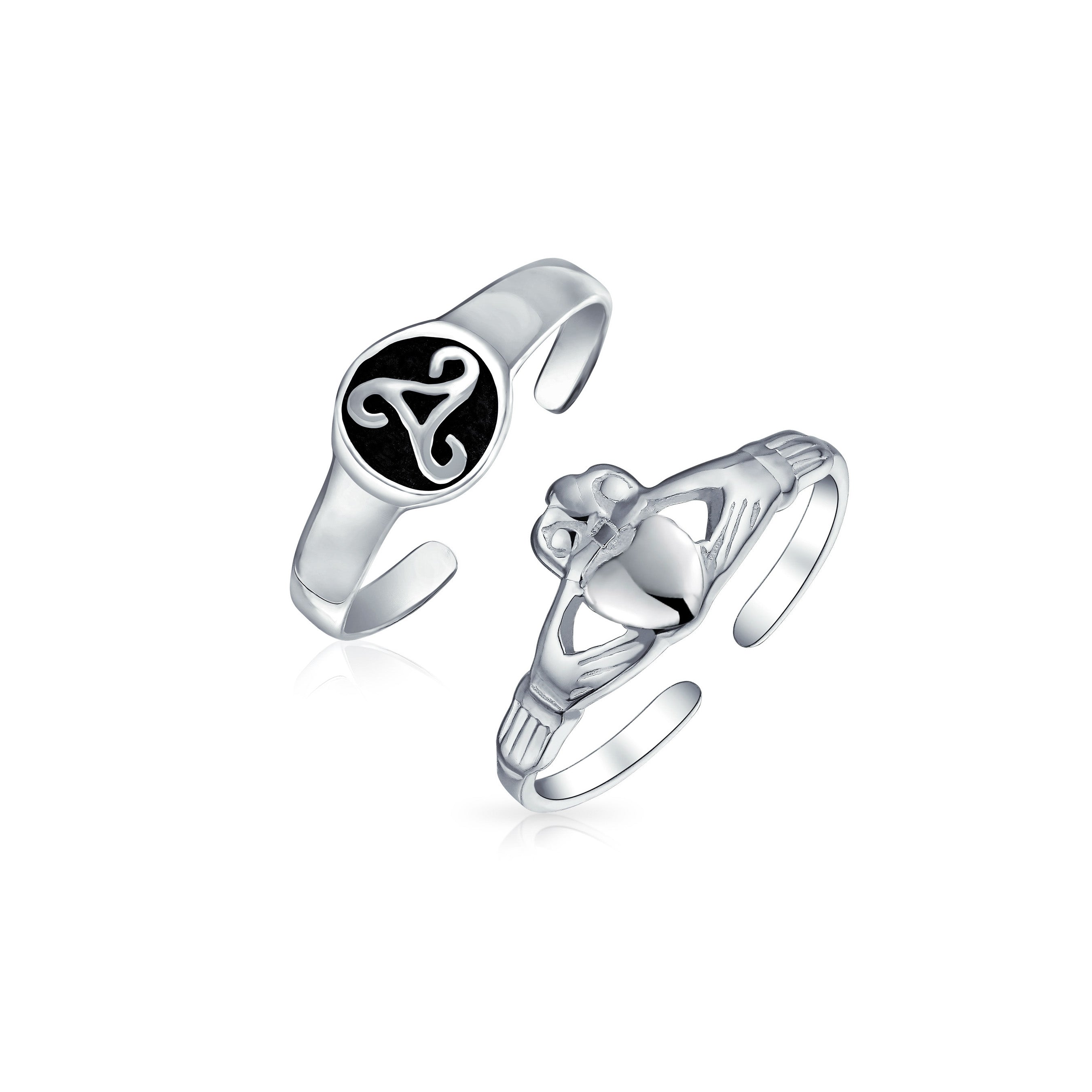 toe-ring-celtic-silver-circle-pmr-r11087-set-az Set of 2 BFF Celtic Claddagh Heart & Trinity Knot Midi Toe Ring Sterling Silver - Image 1