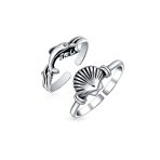 Set of 2 Nautical Beach Clam Shell and Dolphin Midi Toe Ring Oxidized Silver