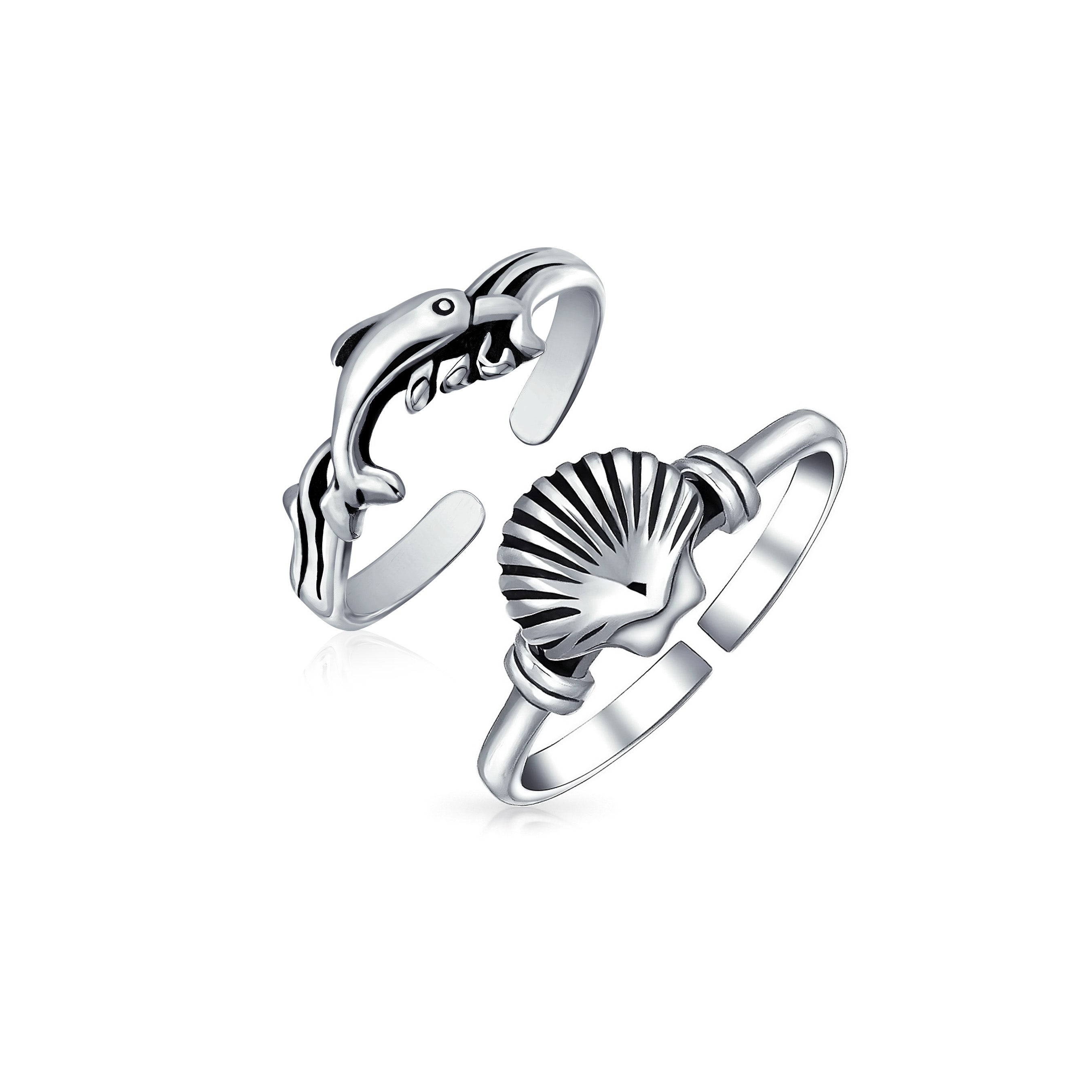 toe-ring-dolphin-silver-midi-pmr-r10265-set-az Set of 2 Nautical Beach Clam Shell and Dolphin Midi Toe Ring Oxidized Silver - Image 1
