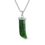 Green Jade Gemstone Horn Pendant Necklace Protection Amulet Tooth .925 Sterling Silver