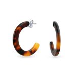 Brown Acrylic Tortoise Shell Hoop Huggies Earrings Stainless Steel 1 Inch