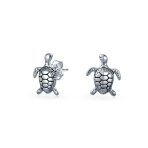 Tiny Nautical Sea Beach Turtle Pendant Necklace & Stud Earrings Jewelry Set .925 Sterling Silver - Image 2