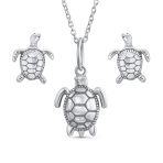 Tiny Nautical Sea Beach Turtle Pendant Necklace & Stud Earrings Jewelry Set .925 Sterling Silver