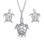 Tiny Nautical Sea Beach Turtle Pendant Necklace & Stud Earrings Jewelry Set .925 Sterling Silver