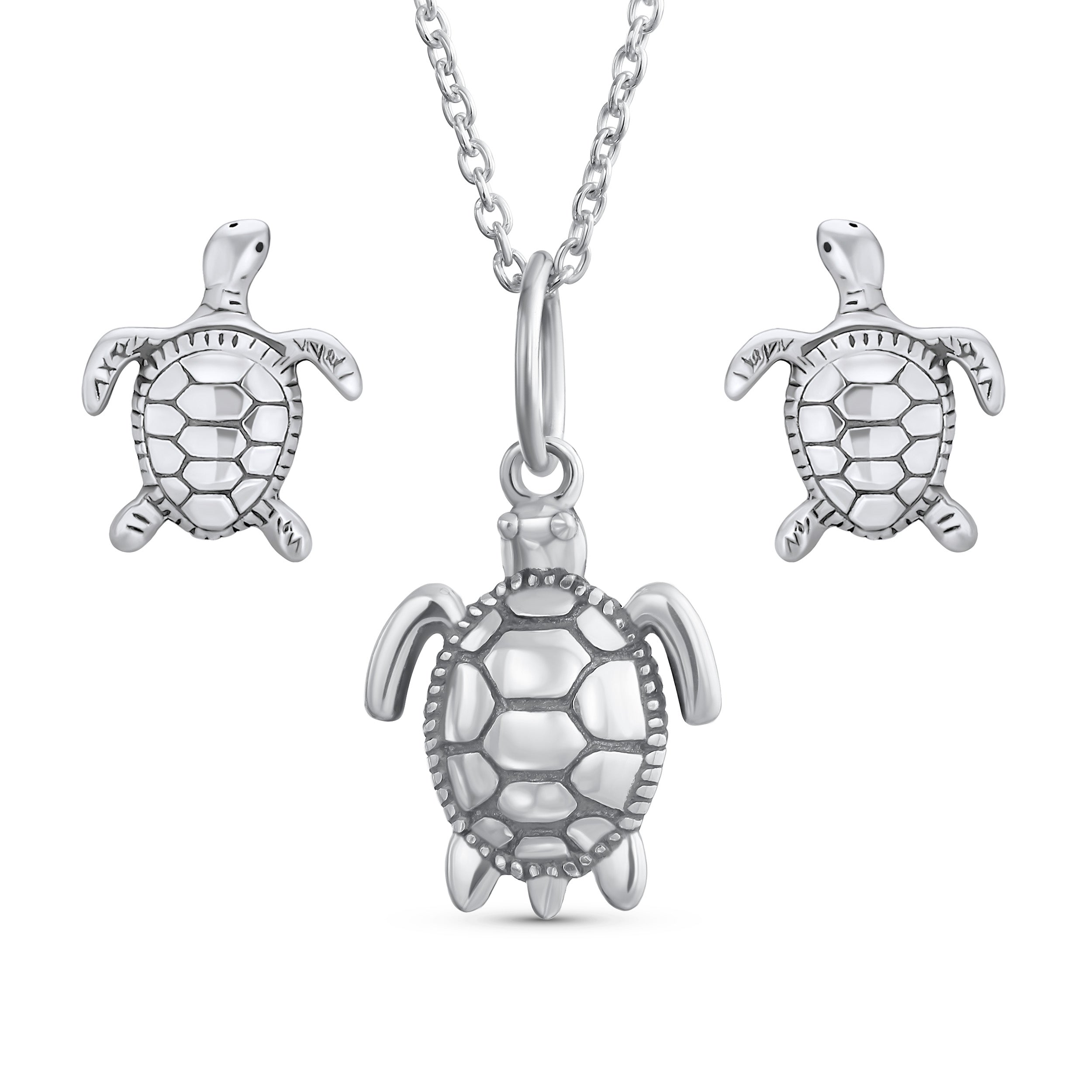 tortoise_beach_pendant_earring_set_ps-je206set_11 Tiny Nautical Sea Beach Turtle Pendant Necklace & Stud Earrings Jewelry Set .925 Sterling Silver - Image 1