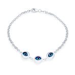 Turkish Translucent Blue Evil Eye Charm Link Bracelet Sterling Silver