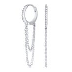 Trendy Dainty CZ Hoop Earrings with Pave Accent and Double Chain Sterling Silver