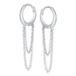 Trendy Dainty CZ Hoop Earrings with Pave Accent and Double Chain Sterling Silver - Image 2
