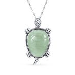 Large Sea Turtle Pendant Necklace Green Jade Nautical Beach Oxidized .925 Sterling Silver