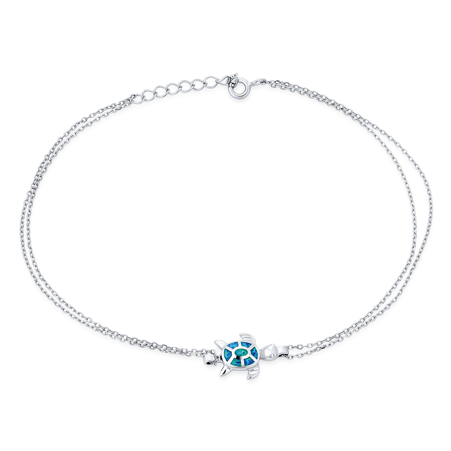 tropical-nautical-dangle-opal-turtle-anklet-xny-bs0979a1-az-01 Hawaii Nautical Charm Sea Blue Opal Turtle Anklet Ankle Bracelet Sterling Silver - Image 1