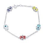 Turkish Colorful Evil Eye Hamsa Hand Charm Bracelet Sterling Silver