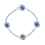 Turkish Protection Blue Evil Eye Multi Charms Bracelet with Greek Motif .925 Sterling Silver 7.5"