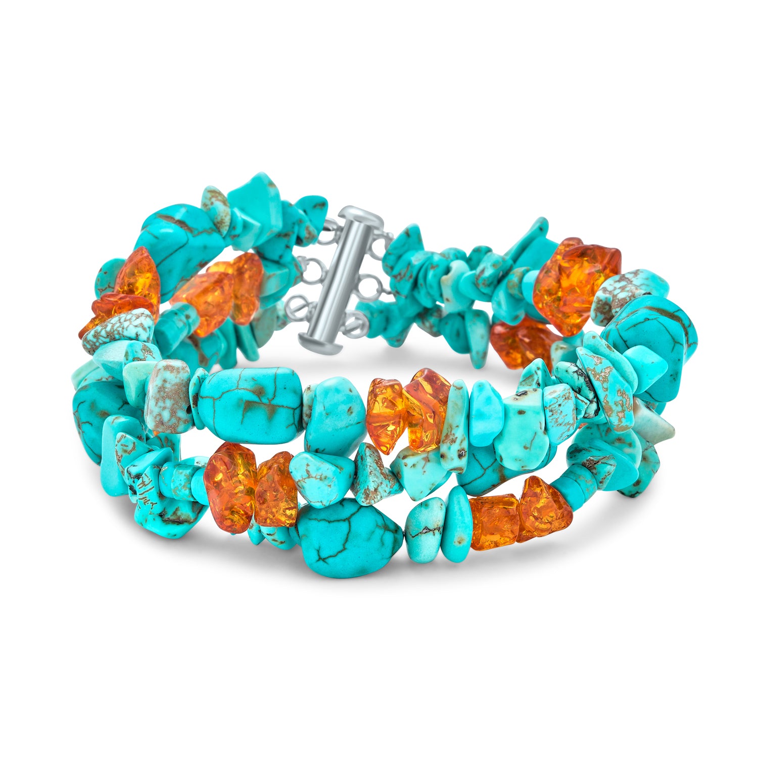 turquoise-amber-bracelet-threestrand-silver_ss-74122836 Statement Blue Turquoise Amber Resin Multi Strand Bracelet with Silver Clasp - Image 1
