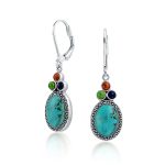 Western Style Multicolor Lapis Turquoise Coral Dangle Earrings .925 Sterling Silver Lever Back