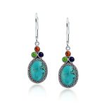 Western Style Multicolor Lapis Turquoise Coral Dangle Earrings .925 Sterling Silver Lever Back - Image 2