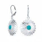 Western Style Natural Turquoise Dangle Flower Medallion Earrings .925 Sterling Silver Leverback